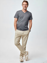 Ariel is 6'1, 175lbs and wears a size M # Men's Slate V-Neck tee | Fresh Clean Threads