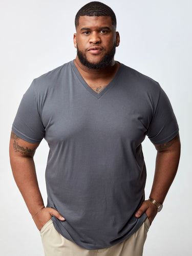 Steven is 6', 275lbs and wears a size 3xl # Slate V-Neck Tee for Men | Fresh Clean Threads