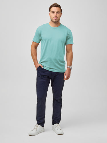 Jake is 5'11" and wears size M # Our Bestselling Tee in a Bold, Sky Blue