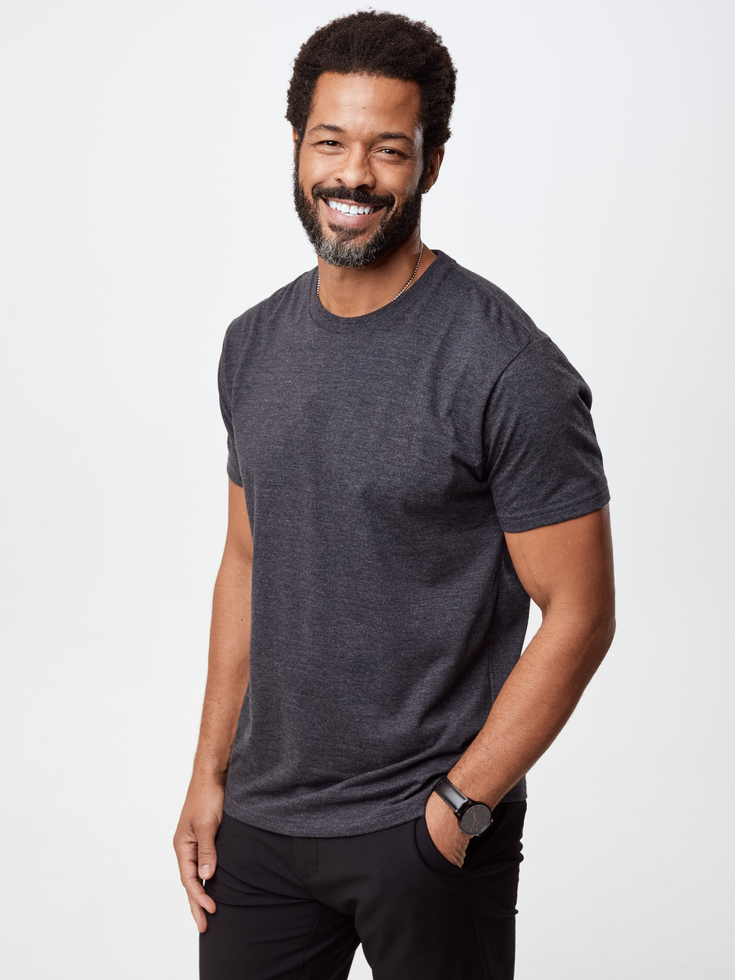 Jarret is wearing the Charcoal Crew Neck Tee with proprietary Stratusoft Fabric | Fresh Clean Threads Canada