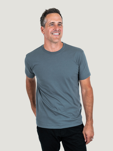 Ben is 6'1, 180lbs and wears a size M # Storm Blue Crew Neck | Fresh Clean Threads Canada