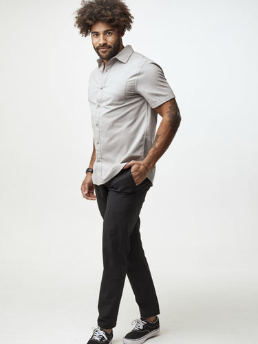 Joe is 6', 180LBS and wears a size L  # Vintage Grey Short Sleeve Button Up Shirts | Find Your Size (S-4XL & Tall)