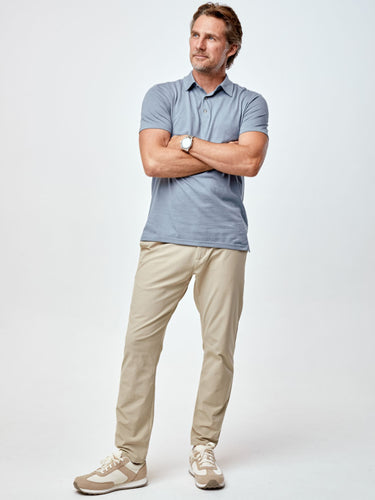 Ariel is 6'1, 175lbs and wears a size M # Men's Torrey Polo | Wedgewood | Fresh Clean Threads