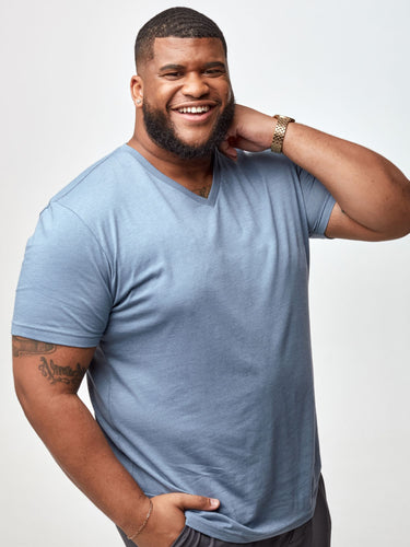 Steven is 6', 275lbs and wears a size 3xl # Men's Wedgewood V-Neck T-Shirt | Fresh Clean Threads
