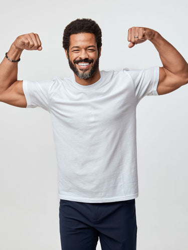 Jarrett is 6', 168lbs and wears a size M # All White 5-Packs | Fresh Clean Threads