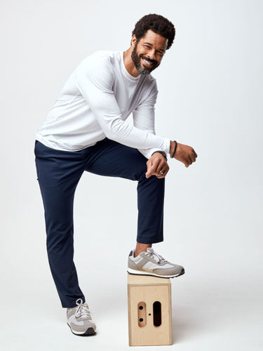 Jarrett is 6', 168lbs and wears a size M # Long Sleeve in White | Fresh Clean Threads