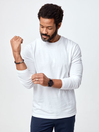 Jarrett is 6', 168lbs and wears a size M # Long Sleeve Tee 3-Pack |  White | Fresh Clean Threads