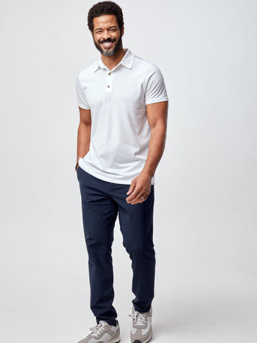 Jarrett is 6', 168lbs and wears a size M # Men's Torrey Polo in White | Good Polo Shirts