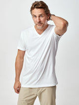 Ariel is 6'1, 175lbs and wears a size M # Men's White V-Neck Tees | Fresh Clean Threads