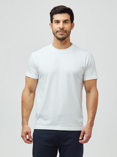 Joey is 5'7" and wears M Short # White Crew Tee | Short Tees at FCT