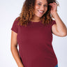 Micah is 5'9, size 10 and wears a size L # Women's Tee | Cosmic Red Crew Neck | Fresh Clean Threads
