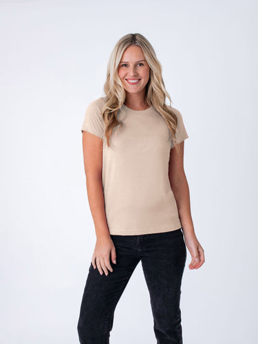Maddy is 5'8", size 4 and wears a size S # Women's T-Shirt | Desert Crew Neck | Fresh Clean Threads