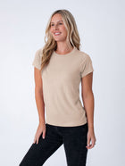 Maddy is 5'8", size 4 and wears a size S # Women's T-Shirt | Desert | Fresh Clean Threads