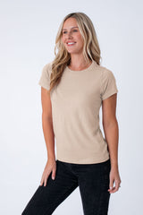Maddy is 5'8", size 4 and wears a size S # Women's Crew Tee in Desert | Shop Sizes: XS-3X