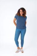 Micah is 5'9, size 10 and wears a size L # Women's Tees | Monsoon Blue | Fresh Clean Threads