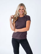 Maddy is 5'8", size 4 and wears a size S # Women's Nordic Purple Crew Neck | Fresh Clean Threads