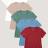Five plain t-shirts: Denim · Chili · Sagebrush · White · Desert | Premium women's t-shirt bundle