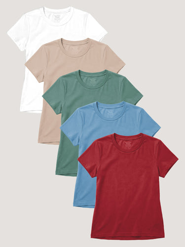 Five plain t-shirts: Denim · Chili · Sagebrush · White · Desert | Premium women's t-shirt bundle