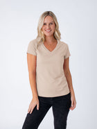 Maddy is 5'8", size 4 and wears a size S # Women's T-Shirt | Desert V-Neck | Fresh Clean Threads