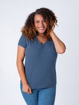Micah is 5'9, size 10 and wears a size L # Women's T-Shirt | Monsoon Blue V-Neck | Fresh Clean Threads