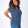 Micah is 5'9, size 10 and wears a size L # Women's Tee | Monsoon Blue V-Neck | Fresh Clean Threads
