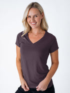 Maddy is 5'8", size 4 and wears a size S # Women's Nordic Purple V-Neck | Fresh Clean Threads