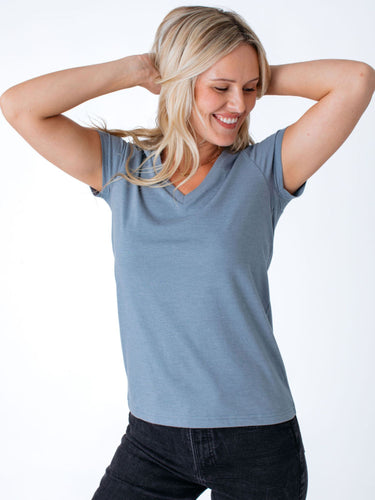 Maddy is 5'8", size 4 and wears a size S # Women's Wedgewood V-Neck T | Fresh Clean Threads