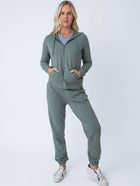 Maddy is 5'8", size 4 and wears a size S # Women's Terry Joggers in Green | Fresh Clean Threads