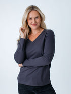 Maddy is 5'8", size 4 and wears a size S # Women's Long Sleeves with V-Neck | Fresh Clean Threads