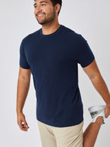 Matheus is 6', 210LBS and wears a size XL # Navy Performance Crew Stretch Model Size XL | Fresh Clean Threads