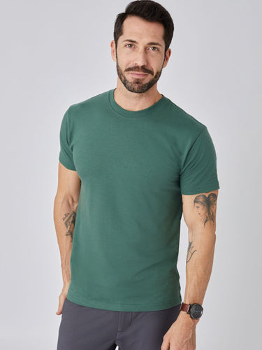 Patrick is 5'10", 163LBS and wears a size M # Alpine Green Crew Neck T-shirt | Availble in Sizes S-4XL + Tall Lengths