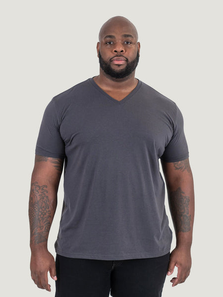 Corey is 6'2", 250LBS and wears a size 3XL # Vintage Black V-Neck 3-Pack Tees | Corey is size 3XL | Fresh Clean Threads