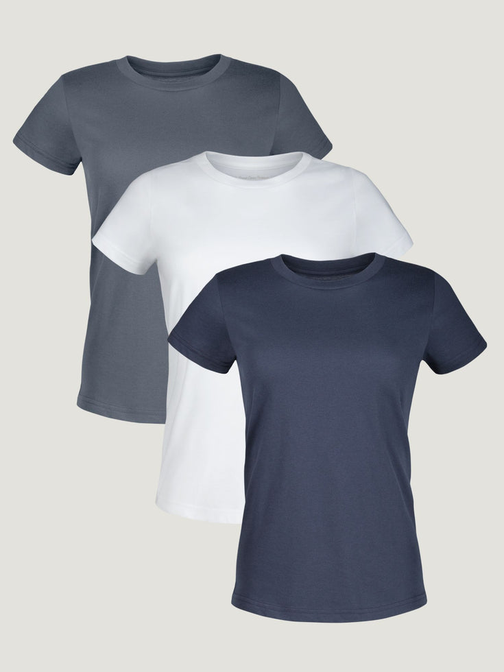 Women's Foundation 3-Pack Crew Neck Tees | Black, White, Odyssey Blue Tees | Fresh Clean Threads