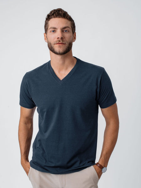 Joe is 6'2, 177LBS and wears a size L # Indigo Blue V-Neck T-Shirts | Fresh Clean Threads