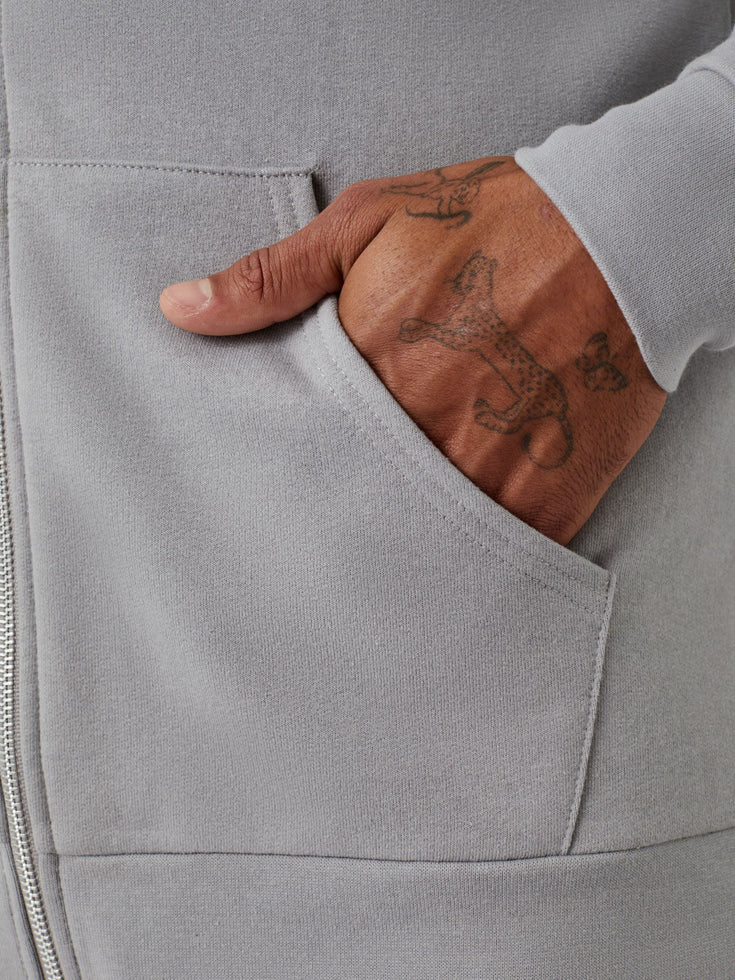 Vintage Grey Zip-Up Hoodie Close-Up | Pocket Details | Fresh Clean Threads