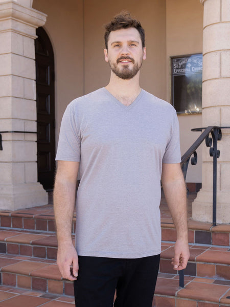 Grant is 6'6, 265LBS and wears a size XL # Heather Grey Tall V-Neck Model Size XL | Fresh Clean Threads