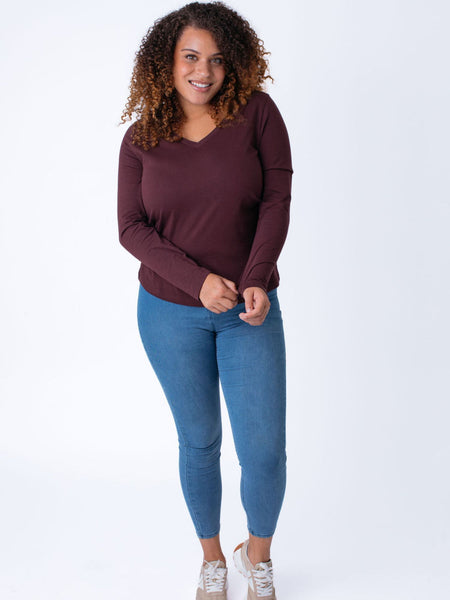 Micah is 5'9, size 10 and wears a size L # Women's Long Sleeve V-Neck 3-Pack | Fresh Clean Threads