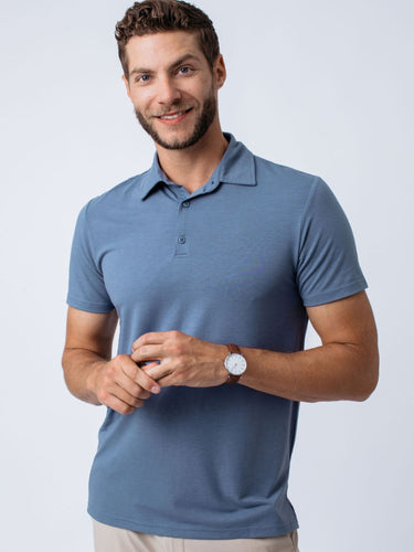Joe is 6'2, 177LBS and wears a size L # Basic Performance Polo 3-Pack | Wedgewood Polo | Fresh Clean Threads