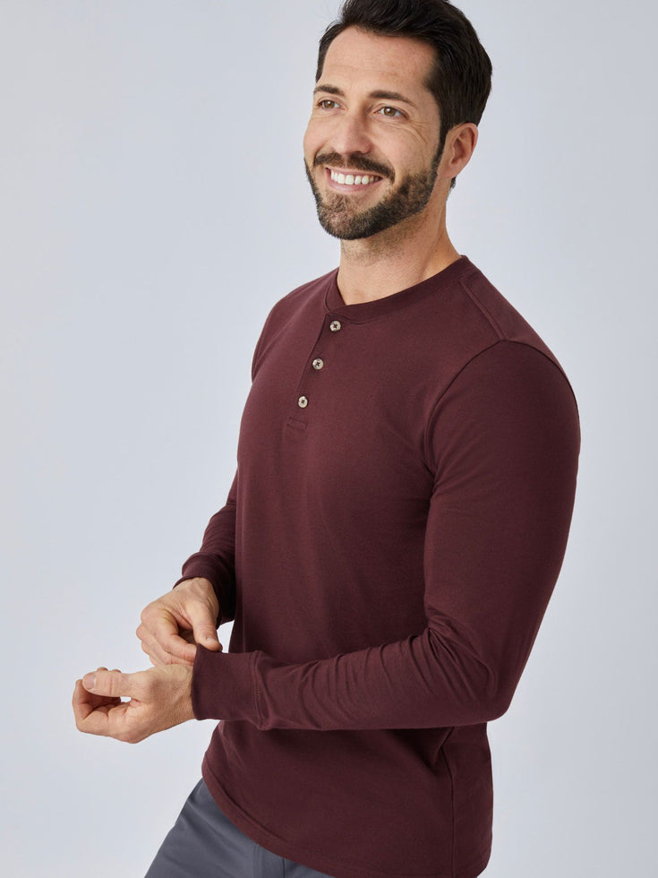 Port Red Long Sleeve Henley Studio Model Front Angled Image | Fresh Clean Threads