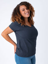 High-quality material + low-maintenance care # Women's Indigo Blue V-Neck T-Shirt | Fresh Clean Threads