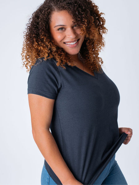 slim fit hugs your curves # Women's Indigo Blue V-Neck T-Shirts | Fresh Clean Threads