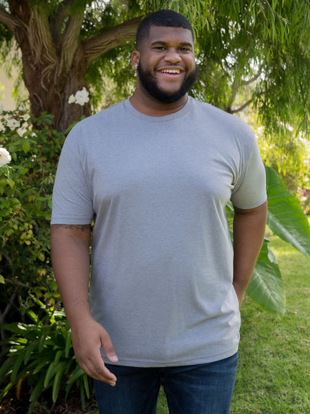 Steven is 6', 275lbs and wears a size 3xl # All Grey Tee Shirt 5-Pack Lifestyle Size 3XL | Fresh Clean Threads