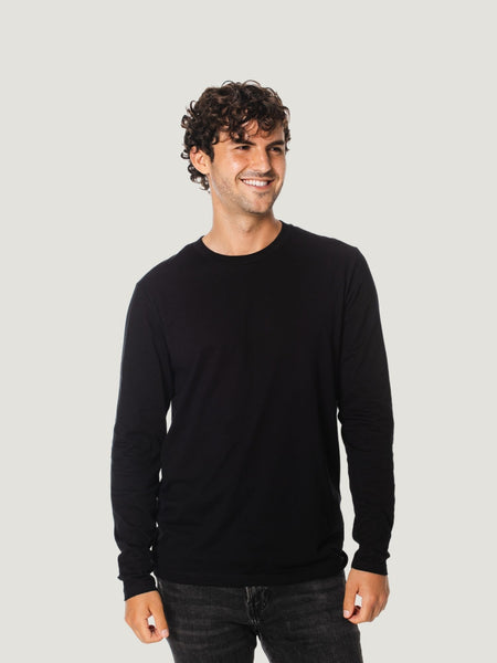 navid is 6'1, 165lbs and wears size m # Black Long Sleeve Crew, Size Medium | Fresh Clean Threads