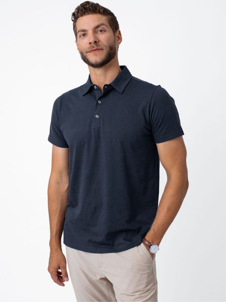 Joe is 6'2, 177LBS and wears a size L # Indigo Blue Torrey Polo Shirt | Fresh Clean Threads