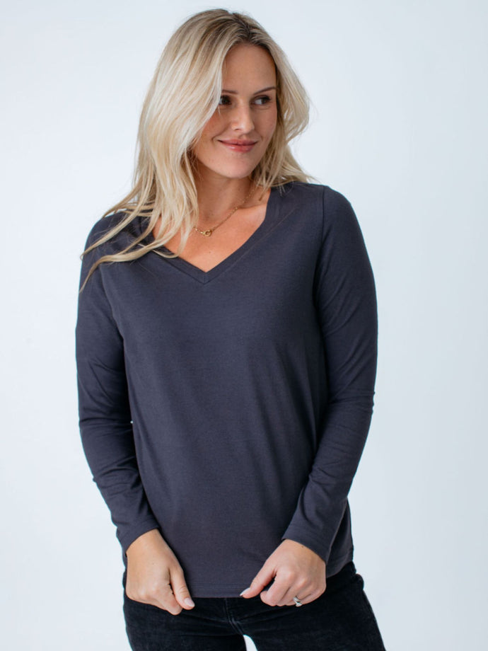Maddy is 5'8", size 4 and wears a size S # Women's Tees | Vintage Black Long Sleeve V-Neck | Fresh Clean Threads