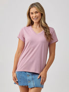 Taylor is 5'11" (size 4-6) and wears size M # Women's Chalk Pink V-Neck Top | Easy care, great style