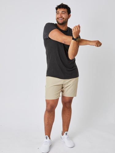 Matheus is 6', 210LBS and wears a size XL # Charcoal Performance Crew Studio Size XL Stretch | Fresh Clean Threads