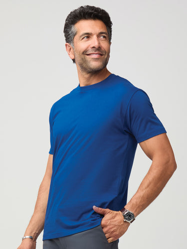 Zadran is 6'0" and wears a size medium # Dark Cobalt StratuSoft Crew Neck Tee | Men's Fall Color | Fresh Clean Threads