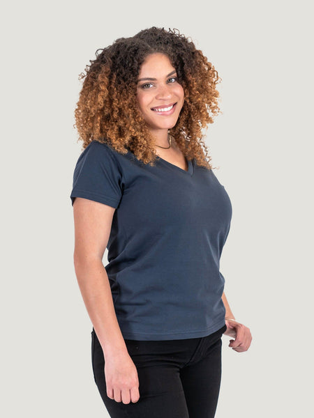 Micah is 5'9, size 10 and wears a size L # Women's Odyssey Blue V-Necks | Fresh Clean Threads