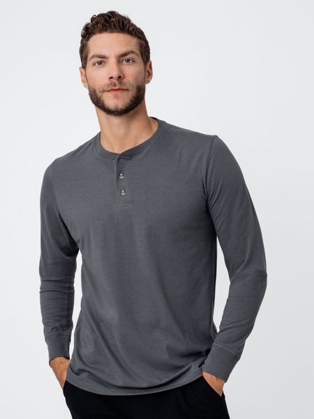 Joe is 6'2, 177LBS and wears a size L # Carbon Grey Men's Long Sleeve Henley | Fresh Clean Threads